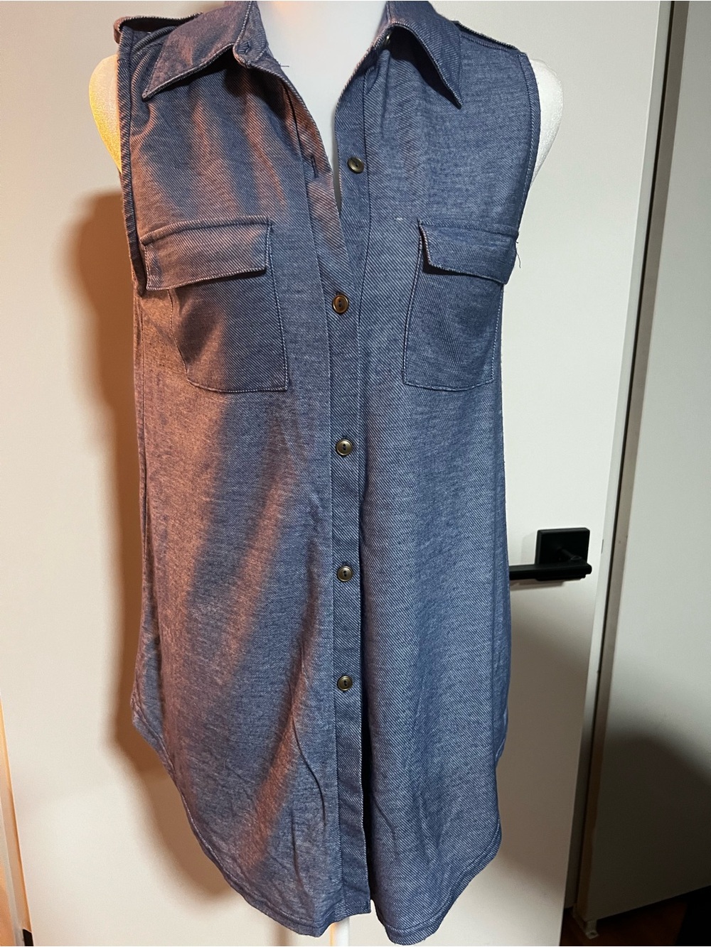 Sleeveless Button-Front Chambray Shirt Blouse - Blue